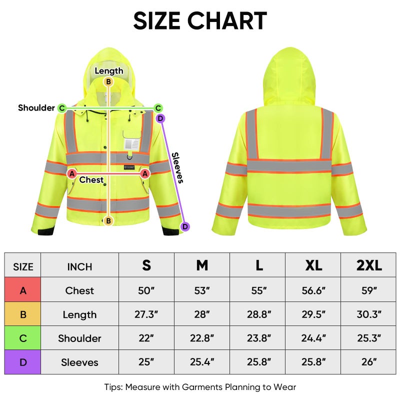 TICONN Reflective Rain Jacket Safety Jacket  Waterproof Hi Vis Rain Coat  Class III High Visibility Coat - Image 4